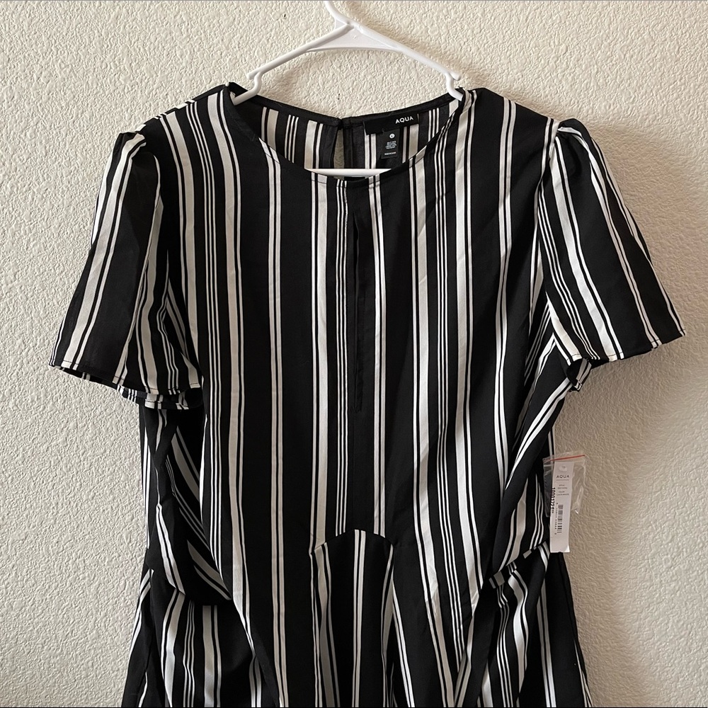 Aqua Striped Keyhole Tie-Waist Dress